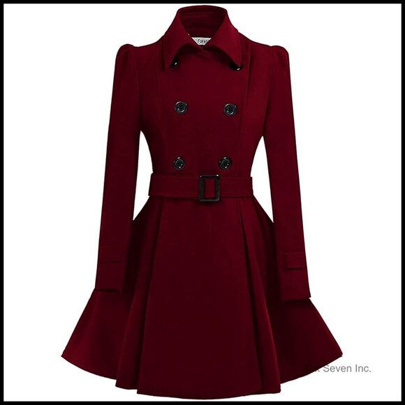 Jackets & Blazers - Wool Pea Coat with Belt, Double Breasted, Fitted Flared Overcoat for Winter